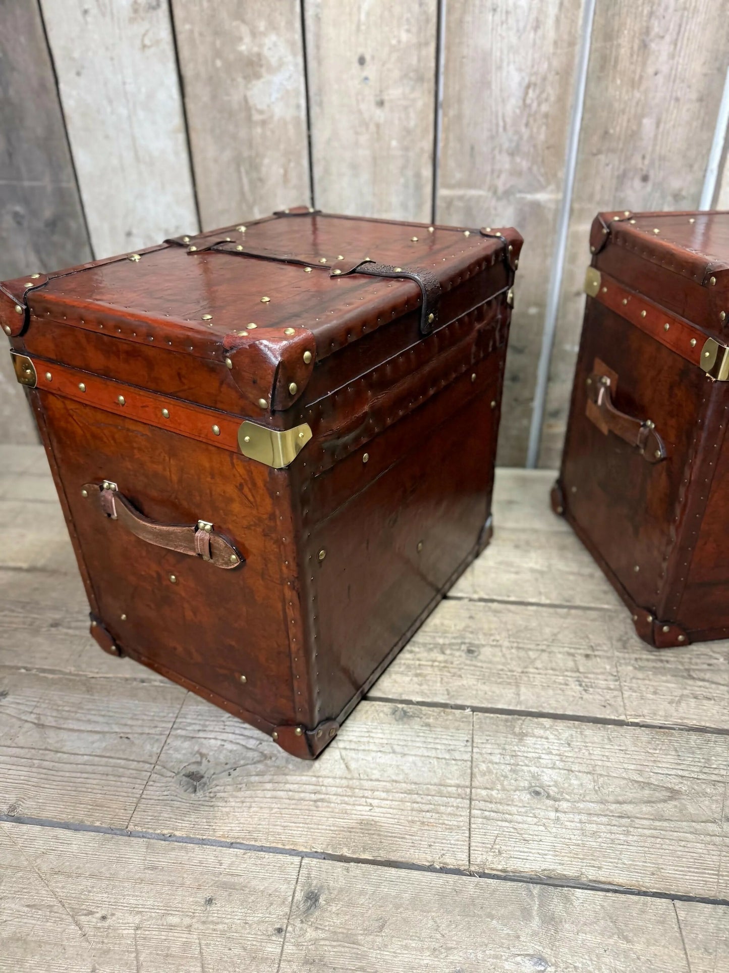 Antique Chestnut Leather Designer Belting Trunks