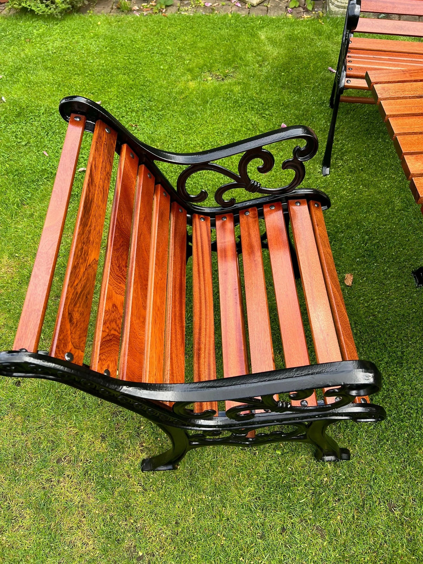 Black Vintage Cast Iron Patio Set adorned with Sapele Wood 3 seater Benches included