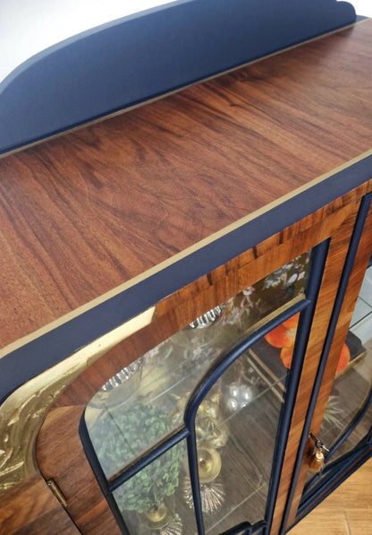 art deco peacock navy and gold glass cabinet