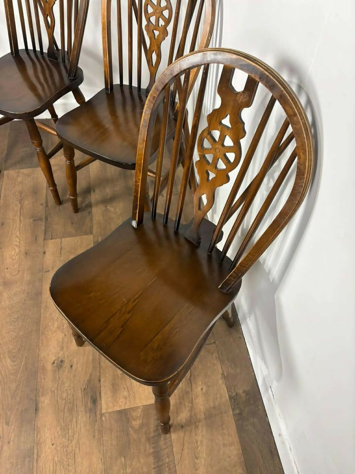 Vintage Set of Four Dark Oak Wheel Back Chairs