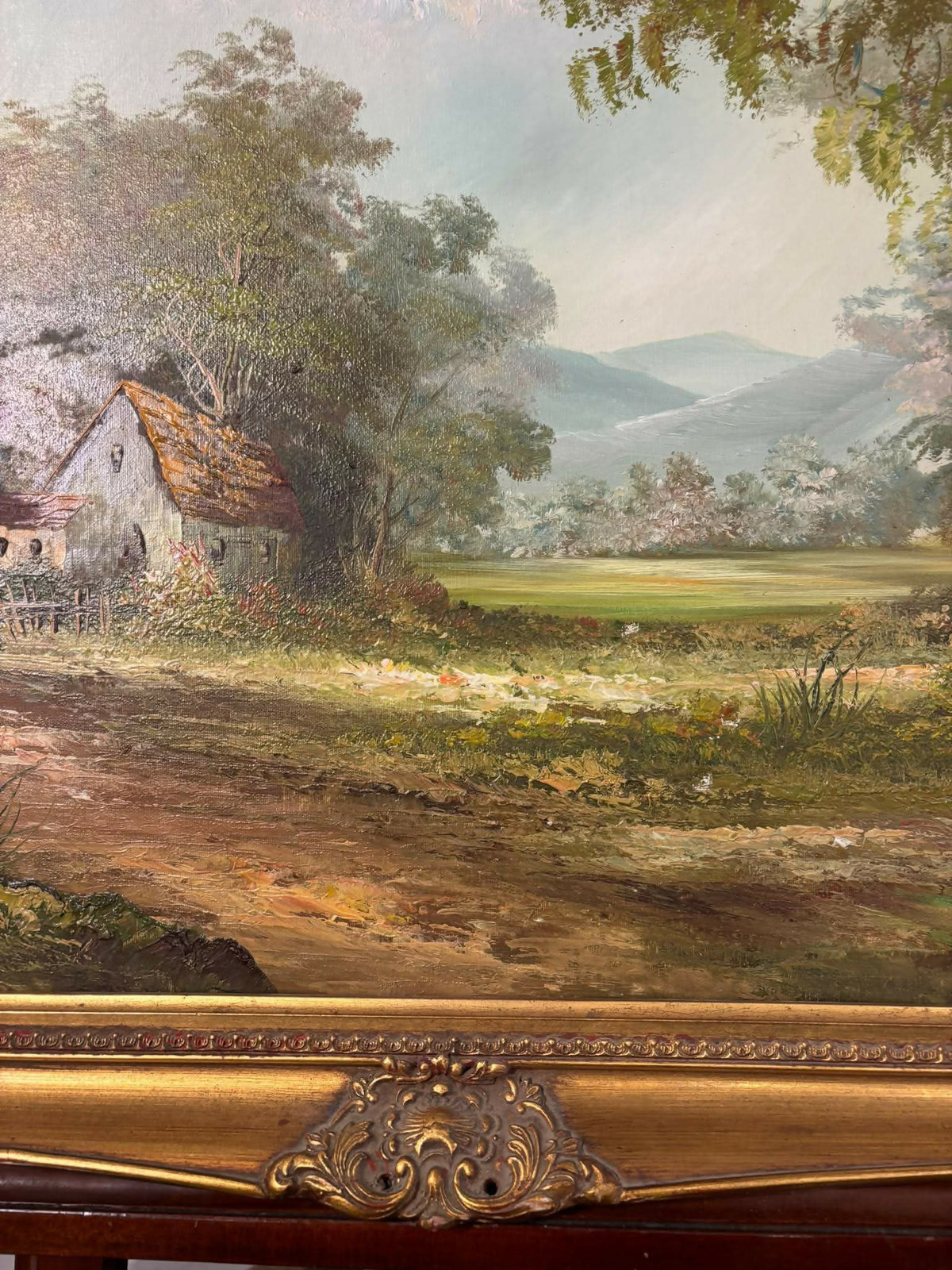 Large Signed Oil on Canvas – Woodland Cottage Landscape in Ornate Gilt Frame