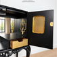 Refurbished Art Deco Burl Walnut Queen Anne Cocktail Cabinet in black and gold with cabriole legs, vintage drinks cabinet,