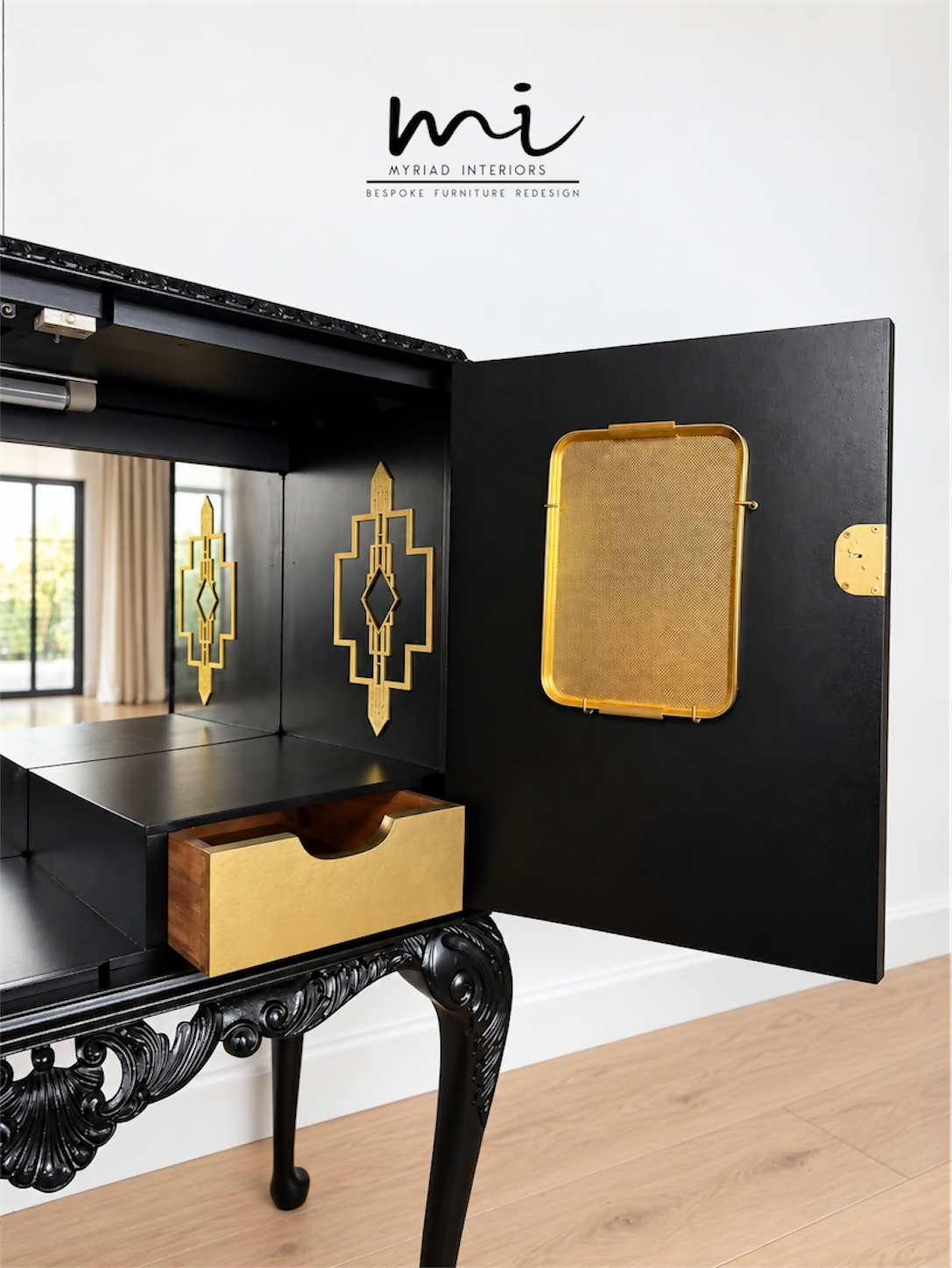 Refurbished Art Deco Burl Walnut Queen Anne Cocktail Cabinet in black and gold with cabriole legs, vintage drinks cabinet,