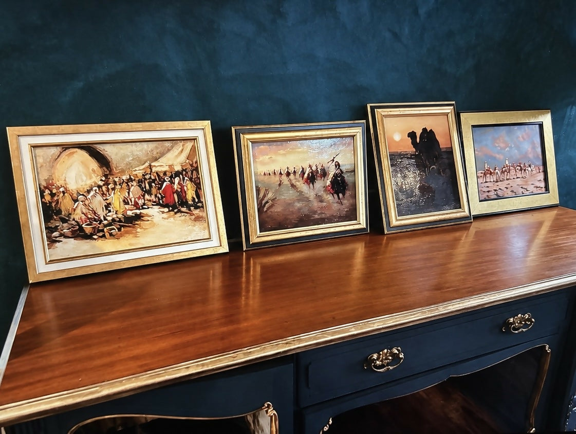 Vintage Set of x4 Desert/Eastern Oil Paintings, Gold Framed, Signed by Same Artist