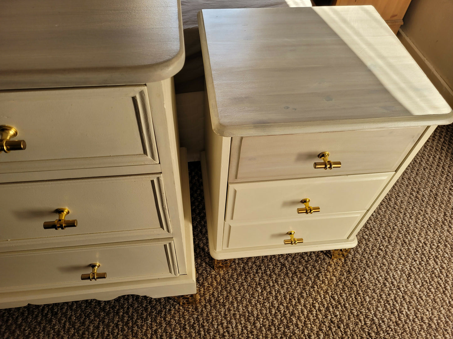 White/Cream and gold vintage bedroom set. Upcycled chest of drawers and bedside tables