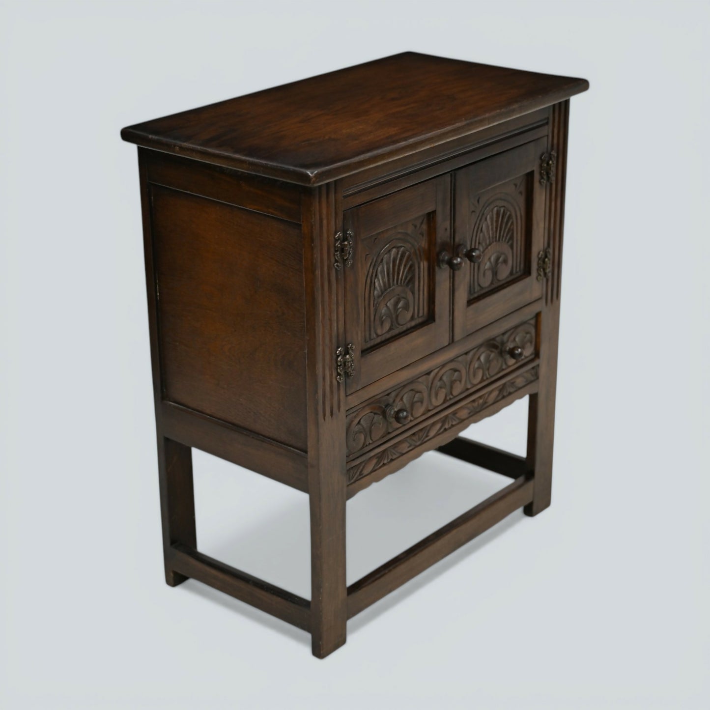 Vintage Oak Pedestal Cupboard Carved Narrow Drawer Double Doors FREE UK Delivery