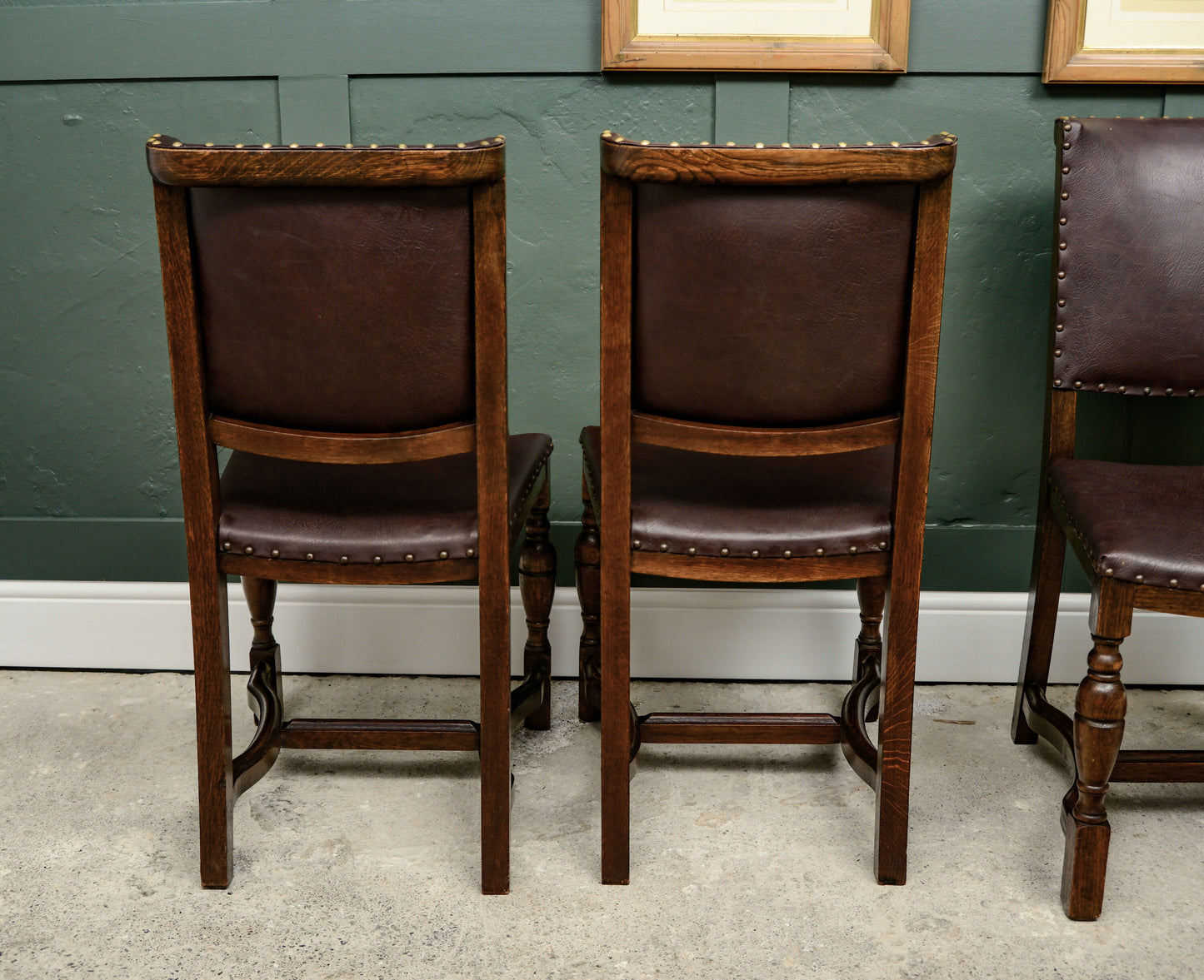 4 Oak Dining Chairs -Tudor Cromwellian Style - Burgundy Leatherette