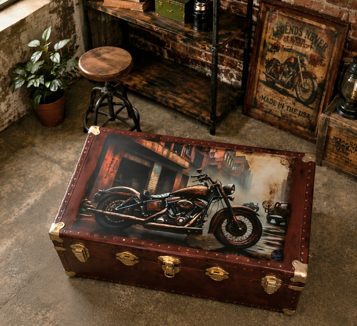 Decoupaged trynk.Industrial Motorcycle Coffee Table / Storage Trunk