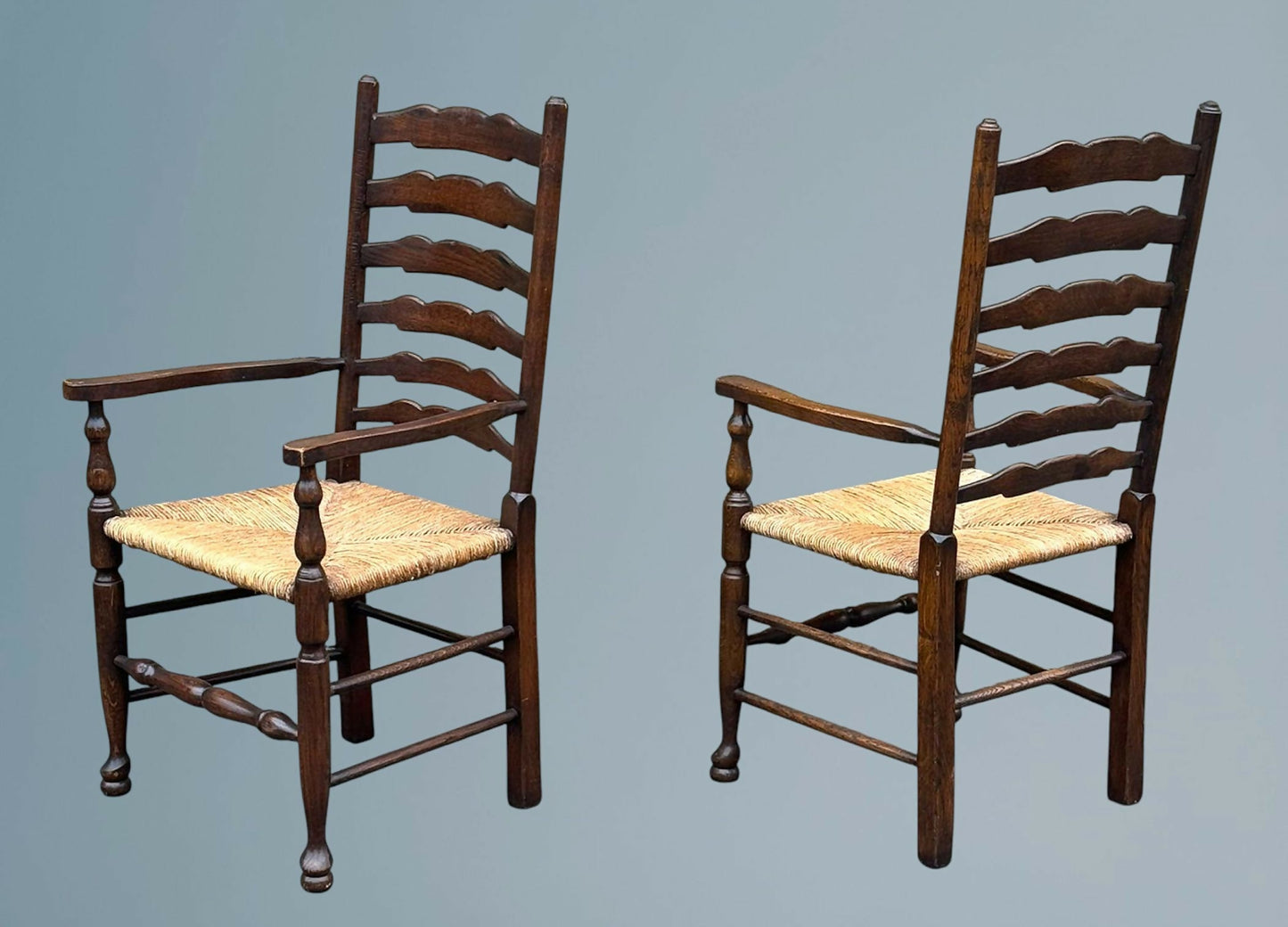 Pair Oak Rush Seated Ladder Back Armchairs