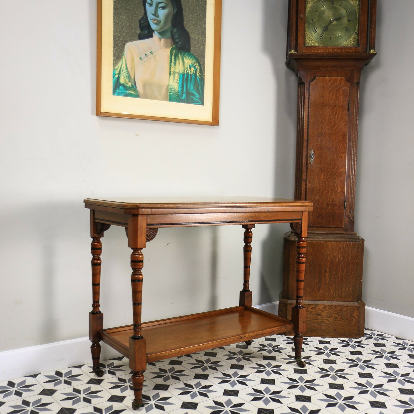 Edwardian Mahogany Card Game Table Baize Top on Porcelain Castors