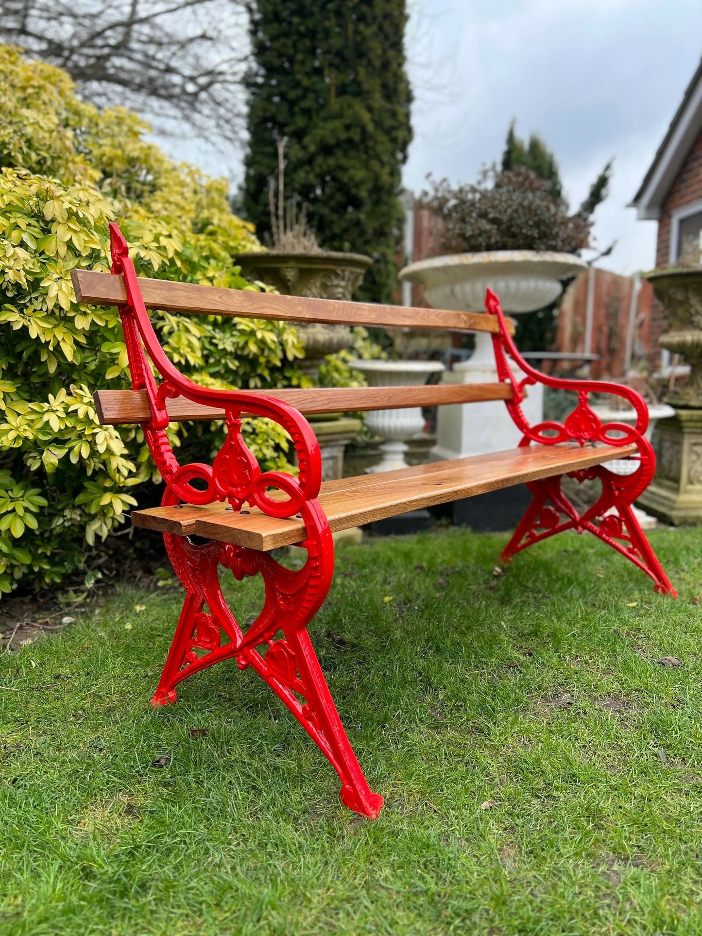 Ornate Red Garden Bench with Oak Planks