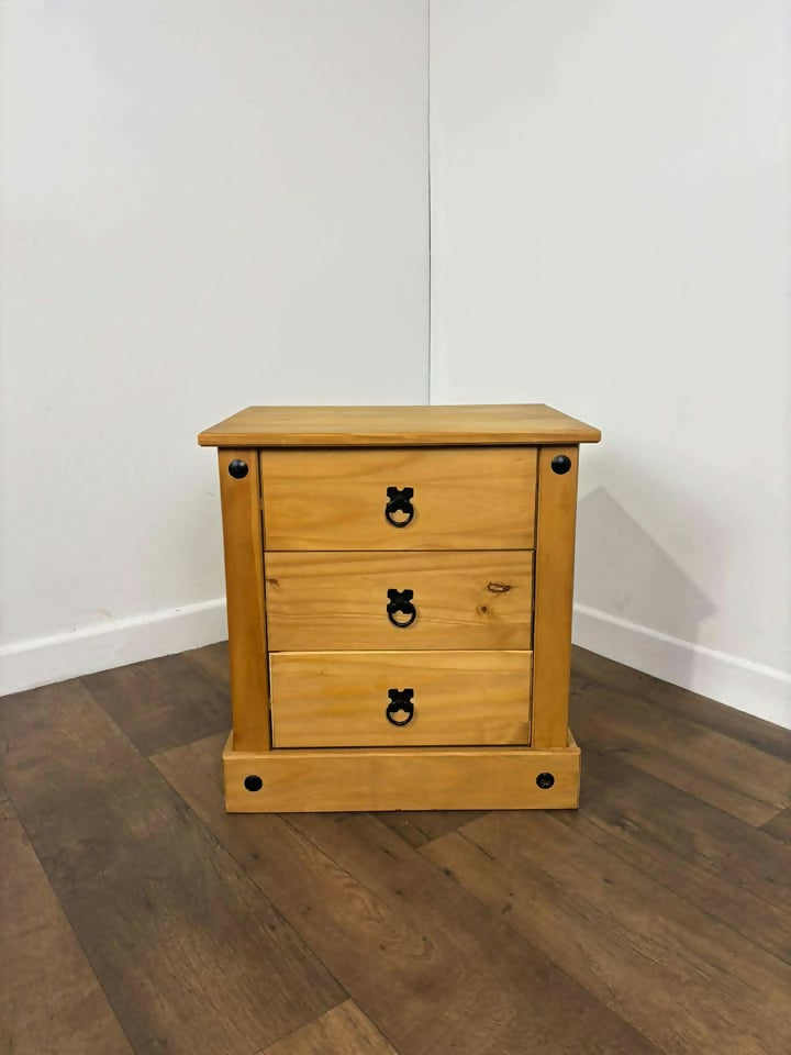 Mexican Pine Three Drawer Bedside Chest