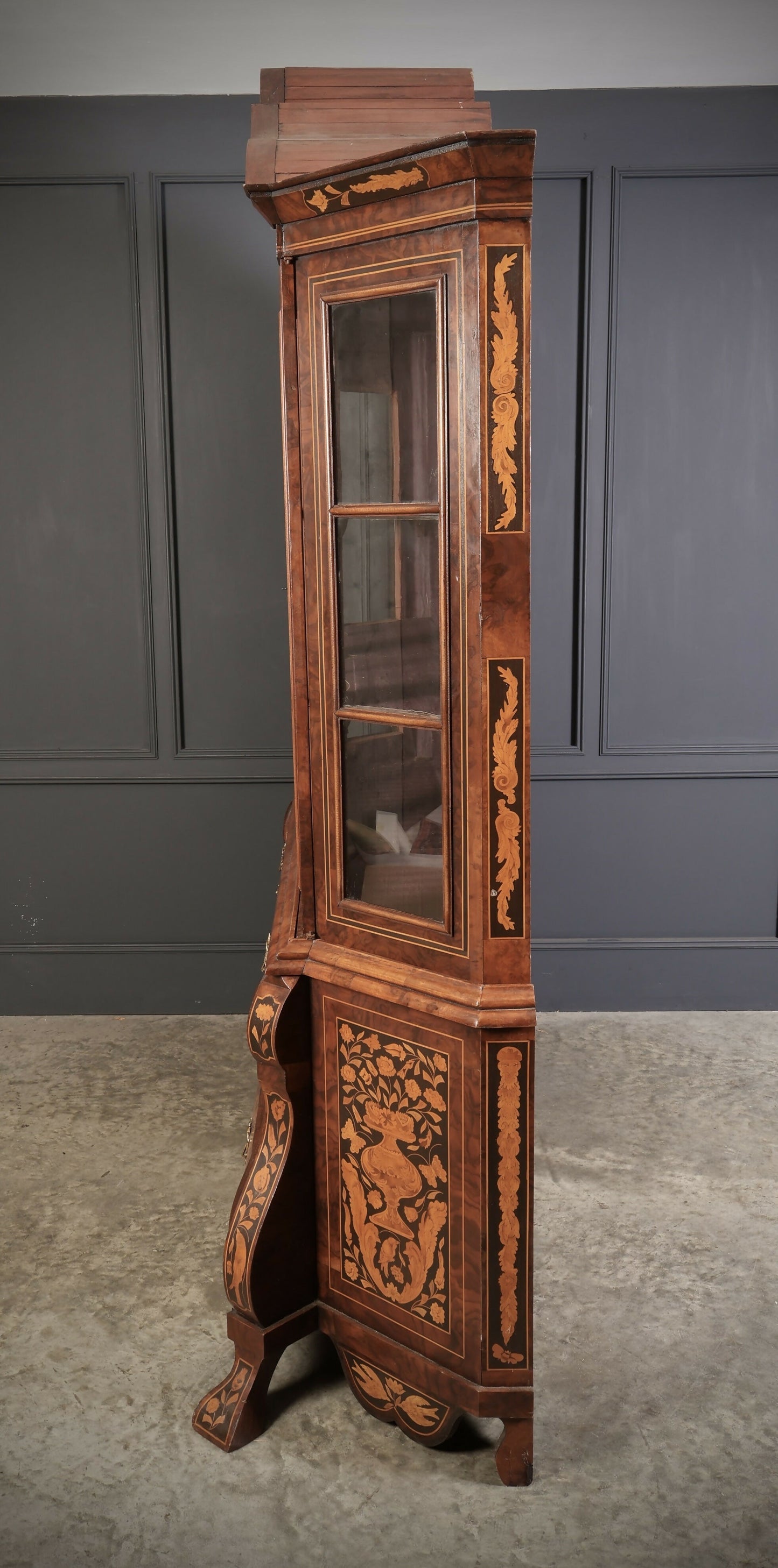 Large Marquetry Inlaid Walnut Bombe Shaped Vintage Cabinet