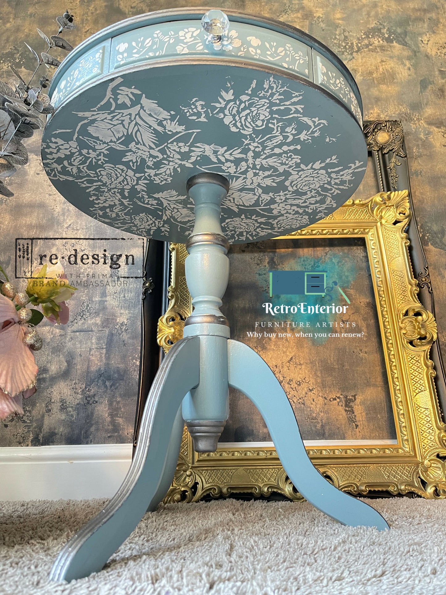 Vintage Round Side Table | Upcycled End Table in Light Blue with Whimsical Floral & Bird Decoupage | Eco-Friendly Painted Accent Table