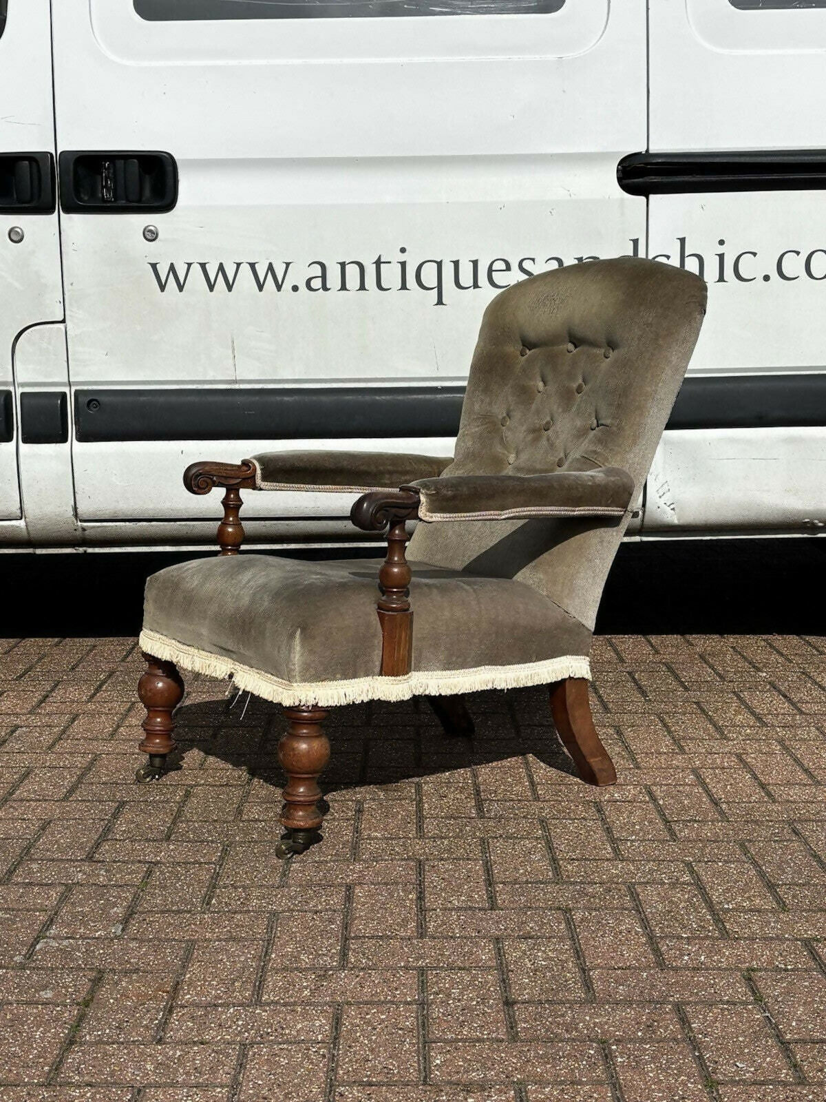 William IV Library Vintage Armchair With Mahogany Frame, On Brass Castors.