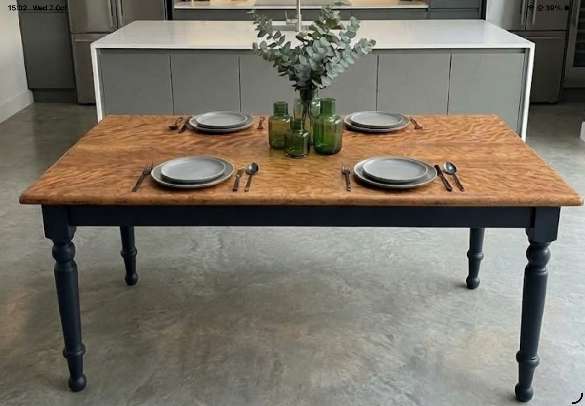 Bespoke Country Farmhouse 6-Seater Dining Table with Solid Curly Maple Top and Deep Blue Turned Legs