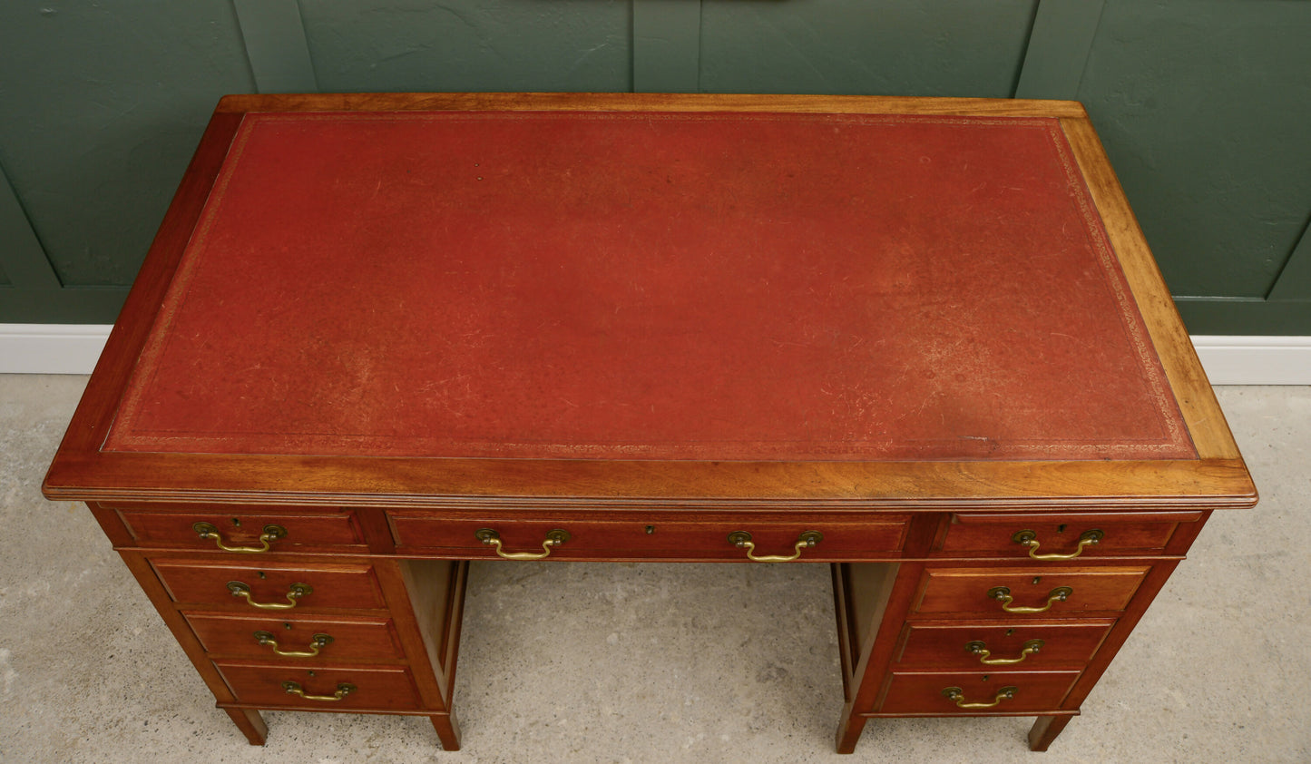 Art Deco Walnut Pedestal Desk with Red Leather Top - Cooke's of Finsbury