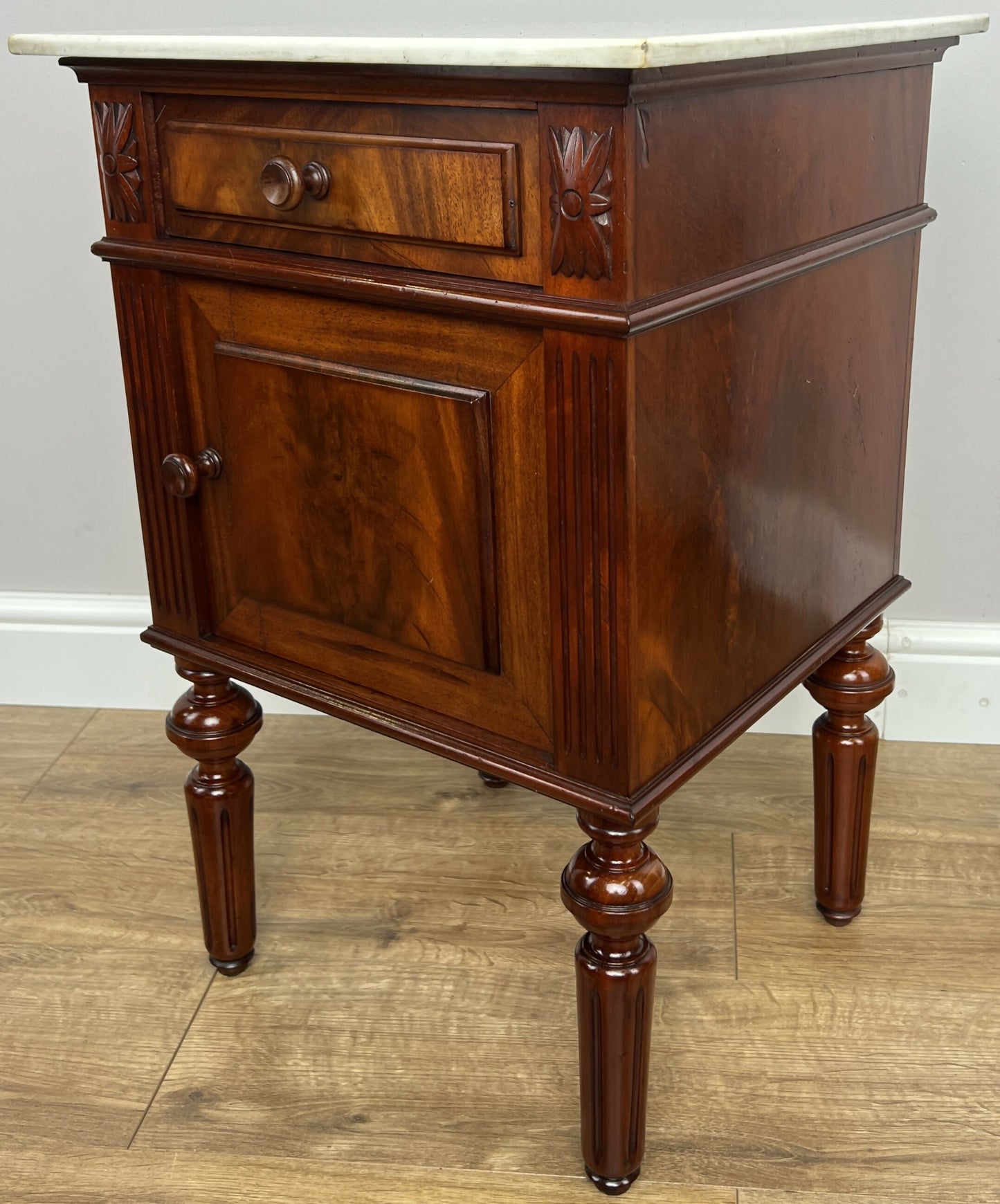Pair of Bedside Tables Antique Walnut Marble Top Nightstands Cabinets LOT 6223