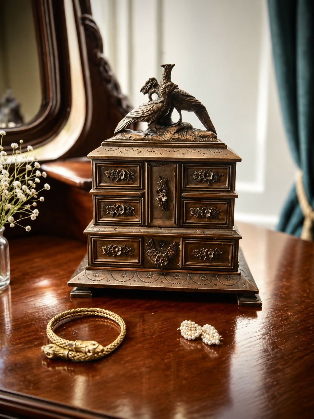 Rare Antique Black Forest Jewellery Trinket Keepsake Box With Carved Pheasants