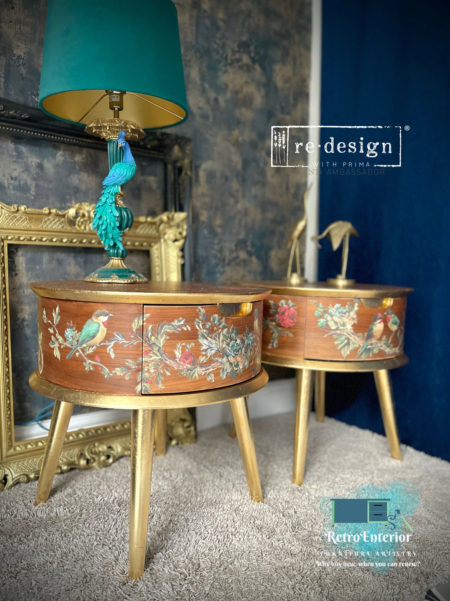 Beautifully Upcycled wood Bedside Table – Rosette Bird & Floral Design