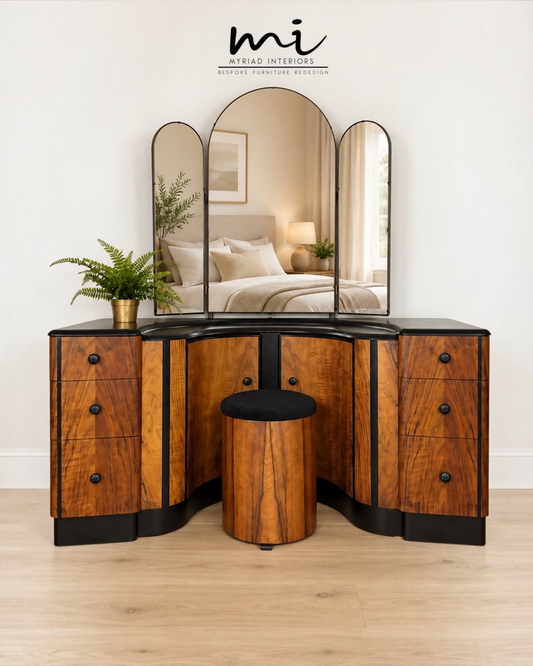 Refinished burl walnut and black Art Deco dressing table set with stool and mirror. Circa 1930 dresser, chest of drawers, art nouveau