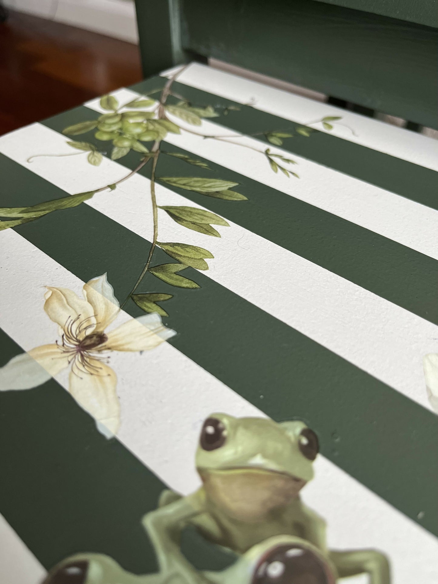 Whimsical Frog and Floral Green & White Striped nested Tables