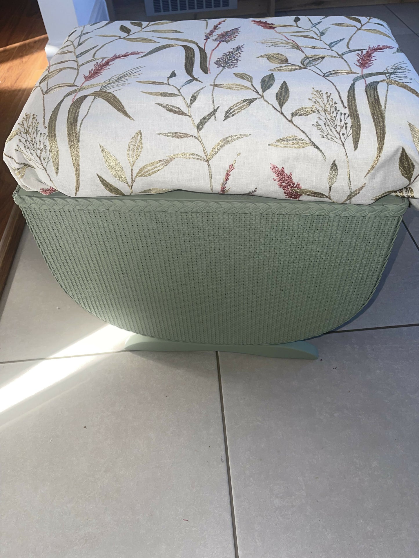 Small mid century Ottoman storage and seat. Sage green paint makes you choose the material.