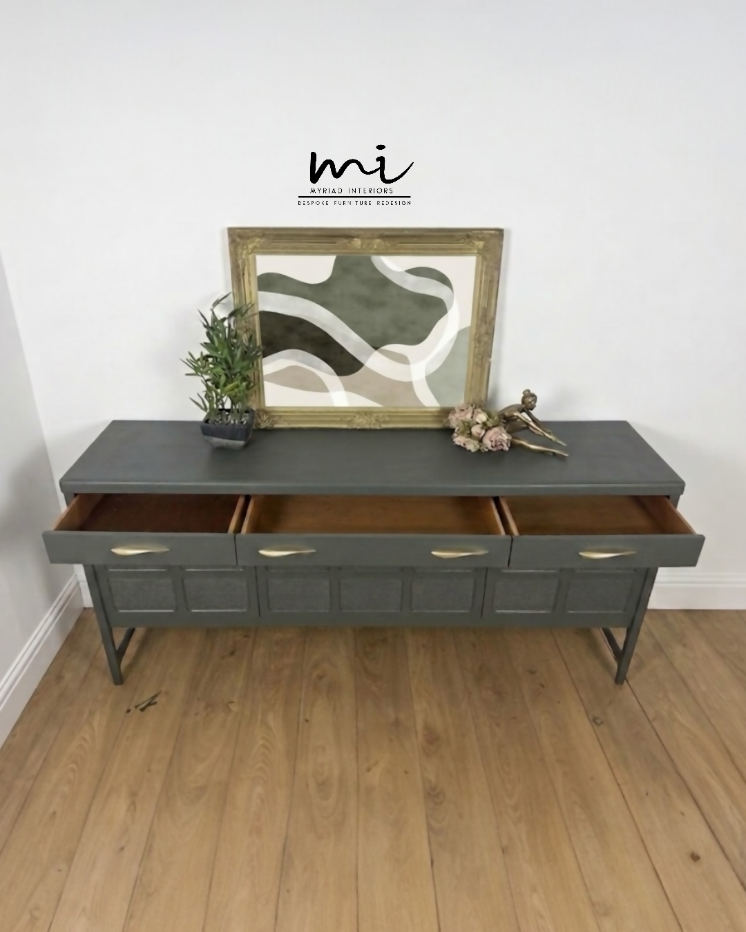Refinished Mid Century Deep Olive Green Large Nathan Sideboard with drinks cabinet