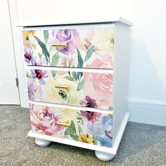 White and Multi Floral Bedside Table