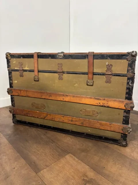 Victorian Oak Bound Travellers Trunk – Steamer Trunk with Original Travel Labels
