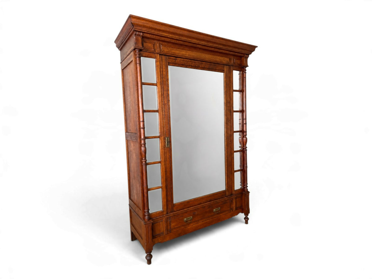 Wardrobe Antique French Style Oak Mirrored Door Carved Armoire LOT 6539