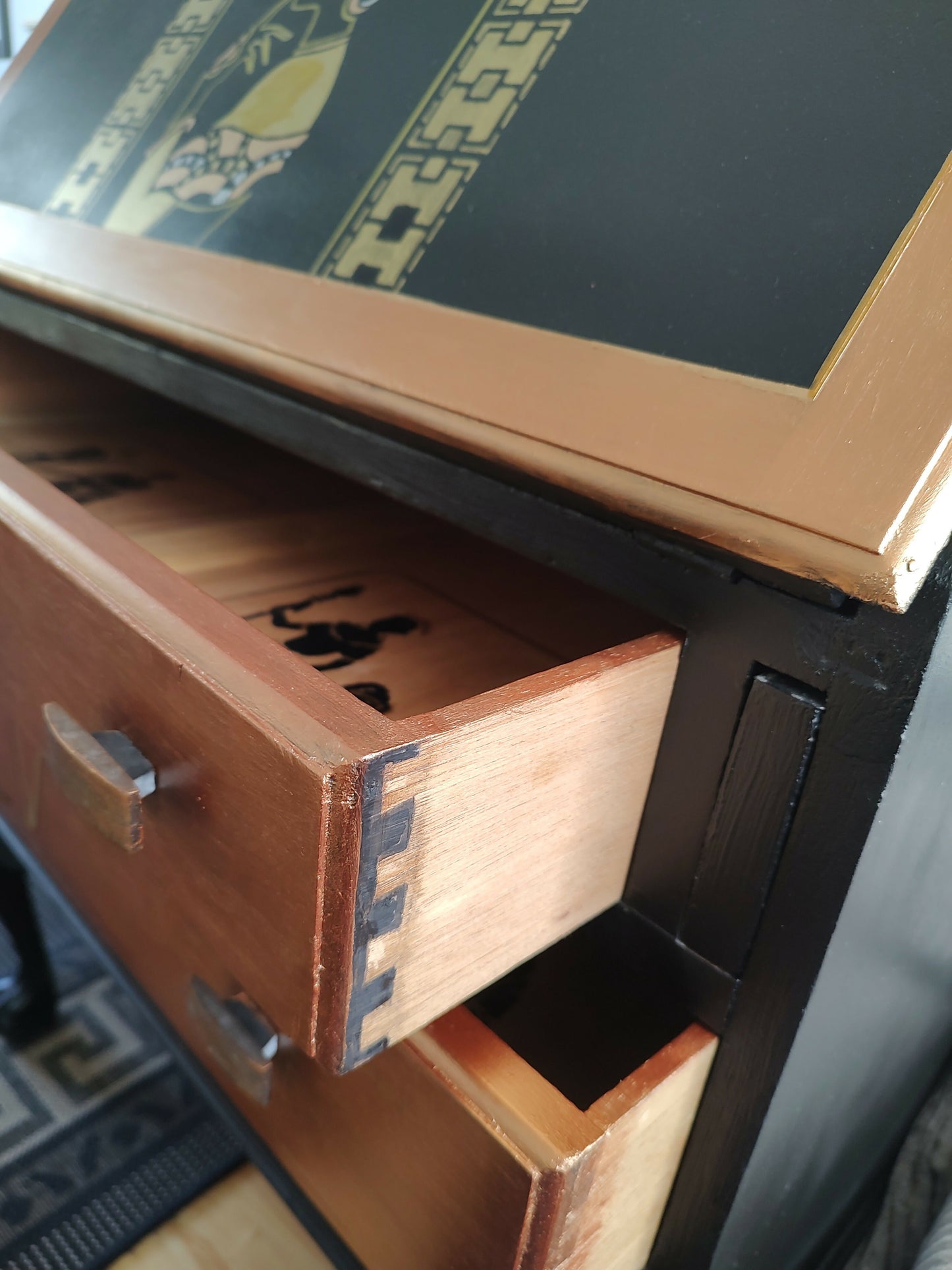 THE AFRICAN ASPECTS UPCYCLED - ONE-OFF FURNITURE ART “Echoes of Her” black, gold and copper bureau