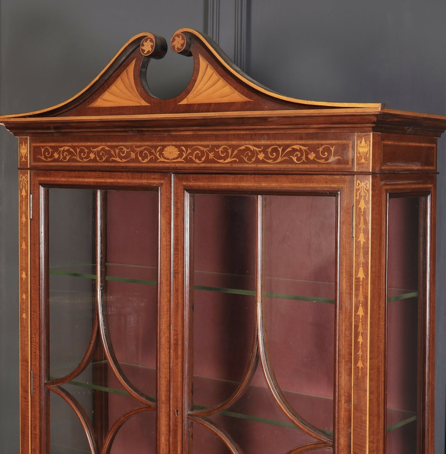 Marquetry Inlaid Mahogany Glazed Vintage Display Cabinet