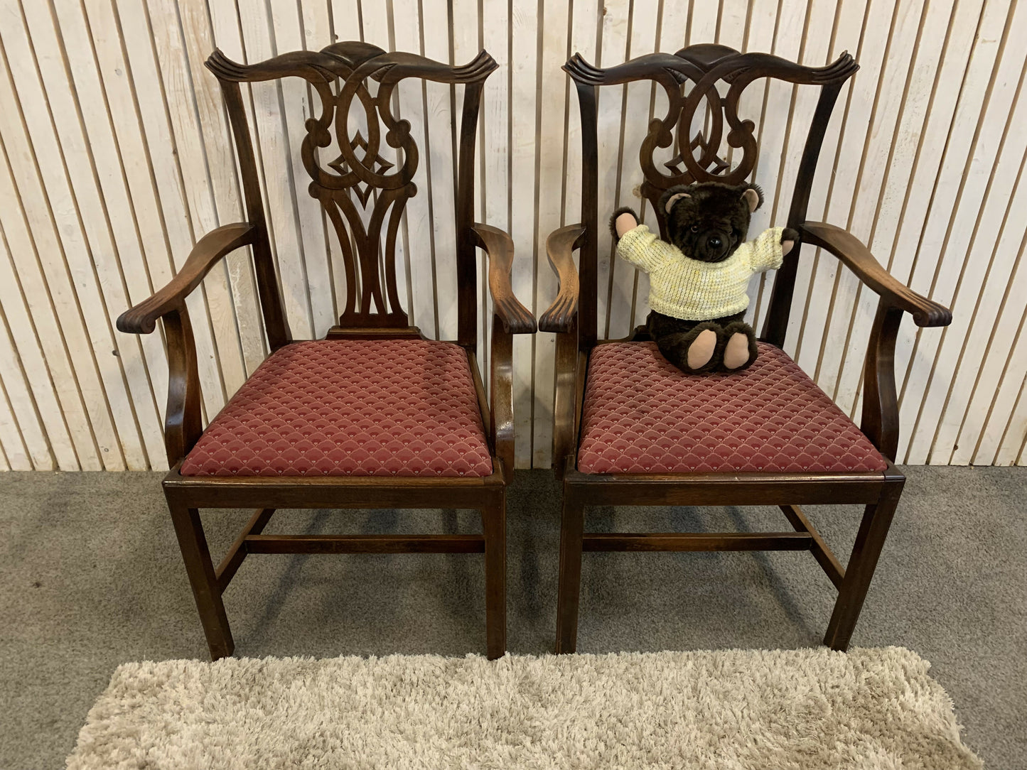 6 Mahogany Chippendale Style Dining Chairs with Red Upholstered drop-in seats.