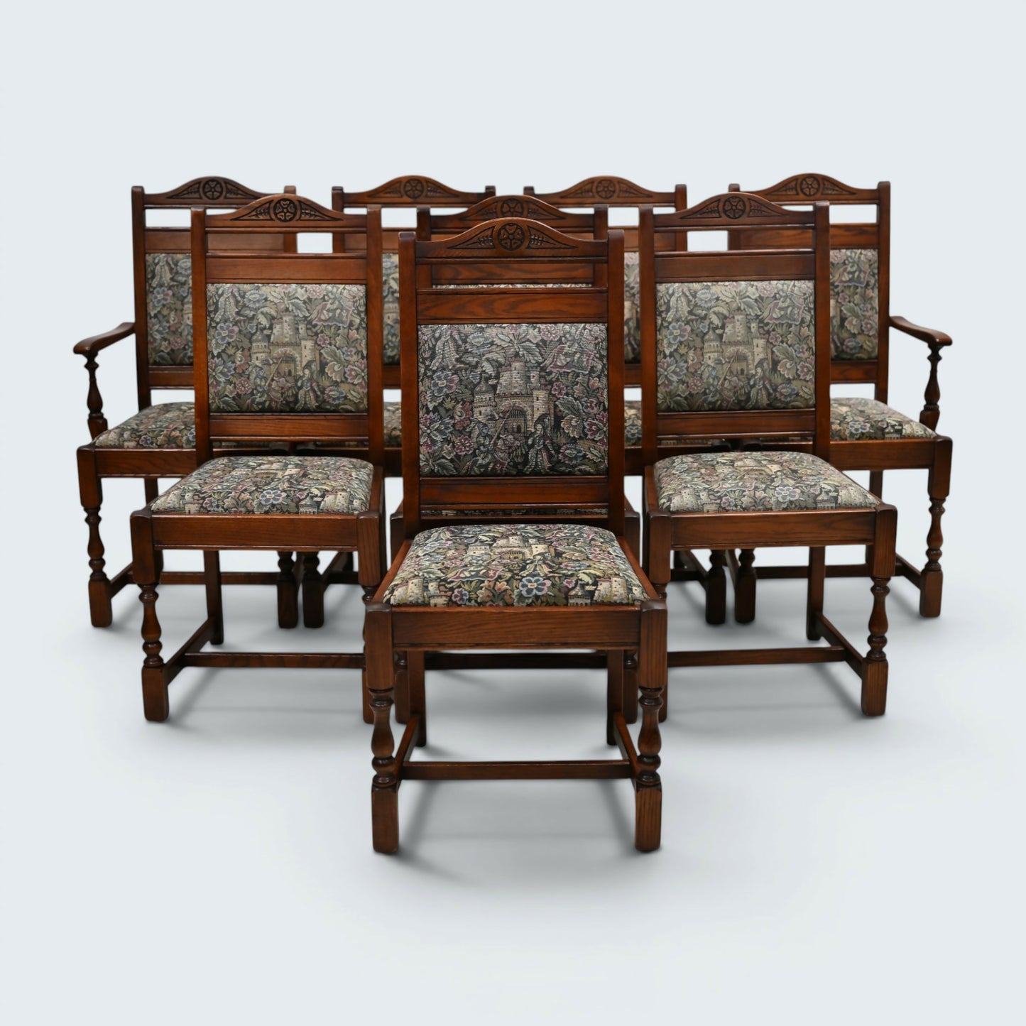 8 Old Charm Dining Chairs Inc 2 Carvers Vintage Oak Tudor Brown FREE UK Delivery