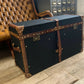 Vintage English Black Millerain Canvas & Tan Leather Coffee Table Trunk