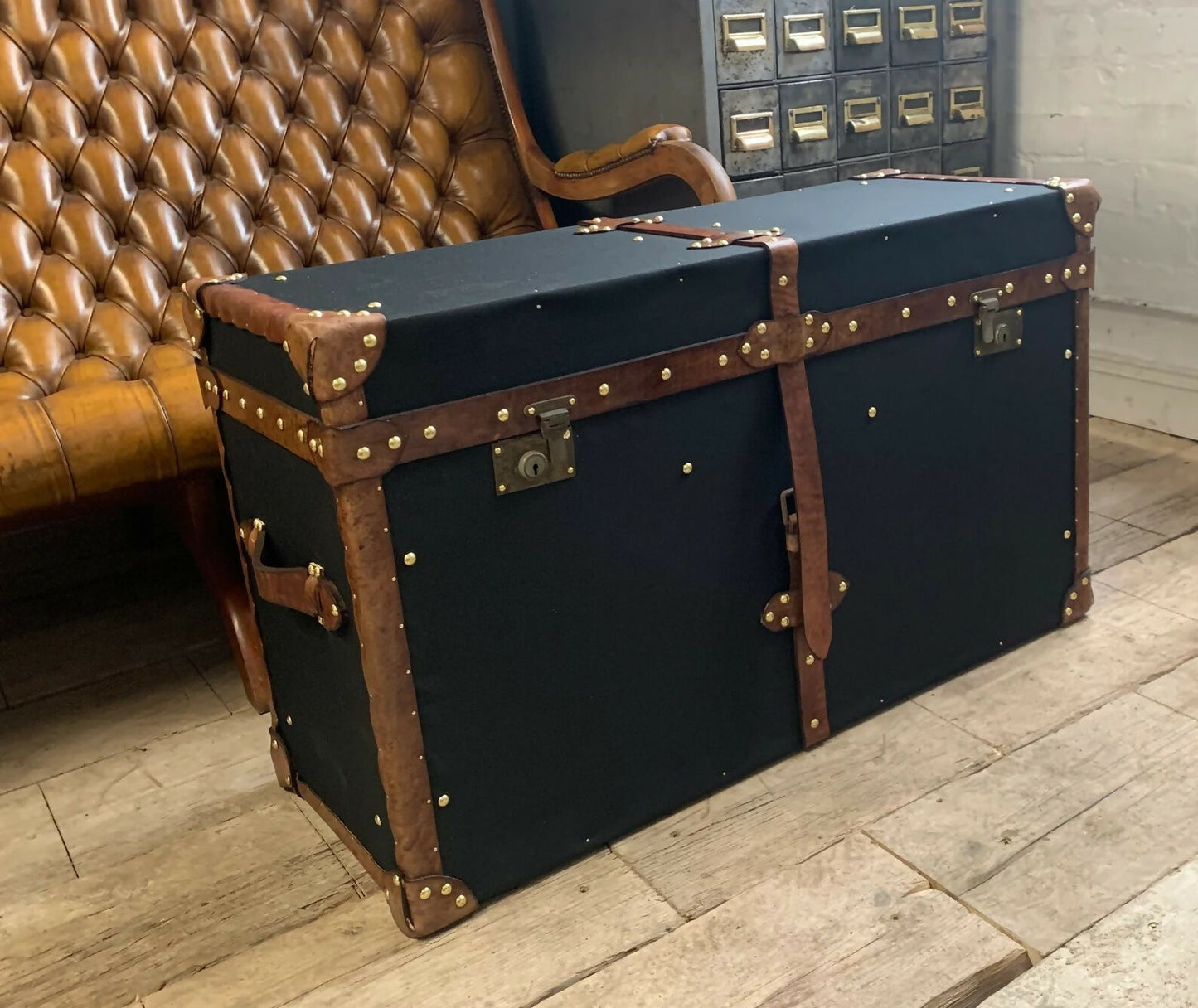 Vintage English Black Millerain Canvas & Tan Leather Coffee Table Trunk