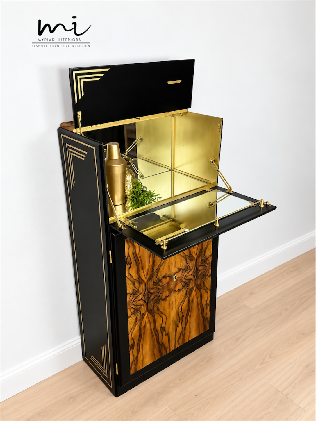 Refinished Art Deco Burl Walnut Cocktail Cabinet In Black With Gold Design. 1930s drink cabinet. Gin bar. Refurbished. sideboard slim narrow