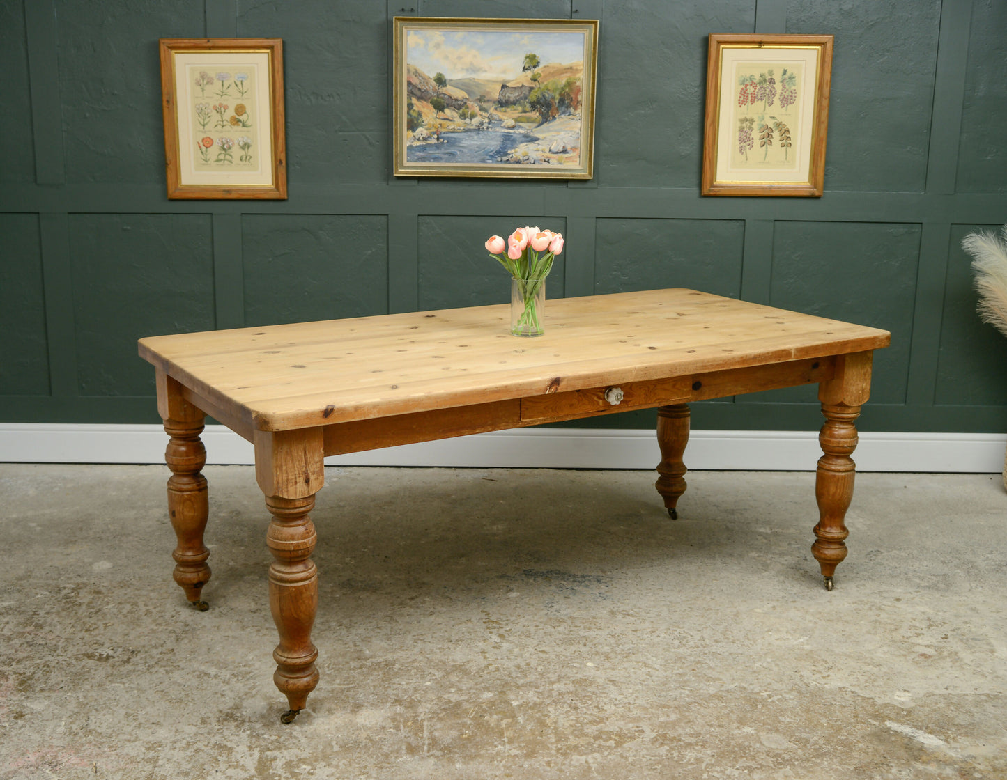 Vintage Pine Farmhouse Dining Table with Drawer on Castors - 6FT