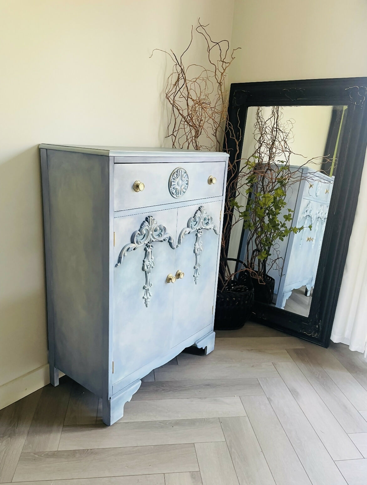 Vintage Tallboy Hand Painted Blue and White