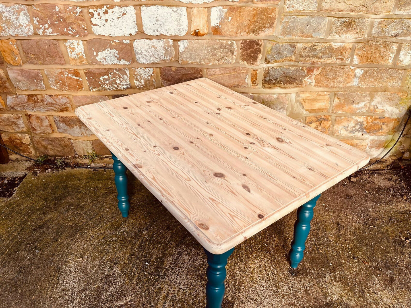 Restored Rectangular Pine Dining Table – Sanded Timber Top & Teal Painted Legs