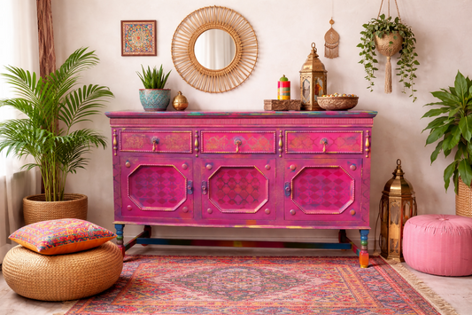 Boho Statement Cabinet. Hand Painted Vintage Sideboard. Colourful One of a Kind Furniture.