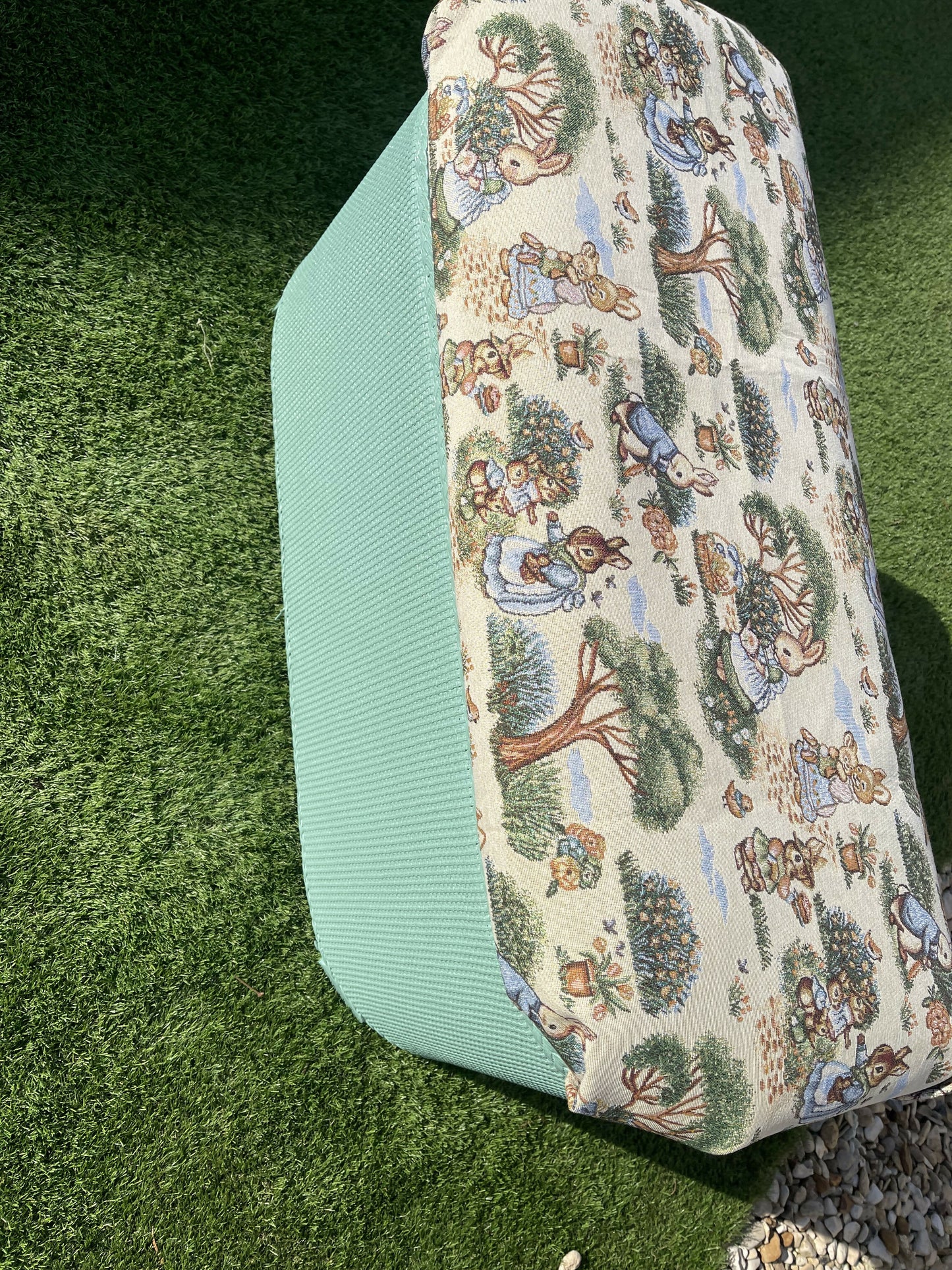 beautiful green repainted mid century storage seat/ ottoman. You choose the fabric from select given.