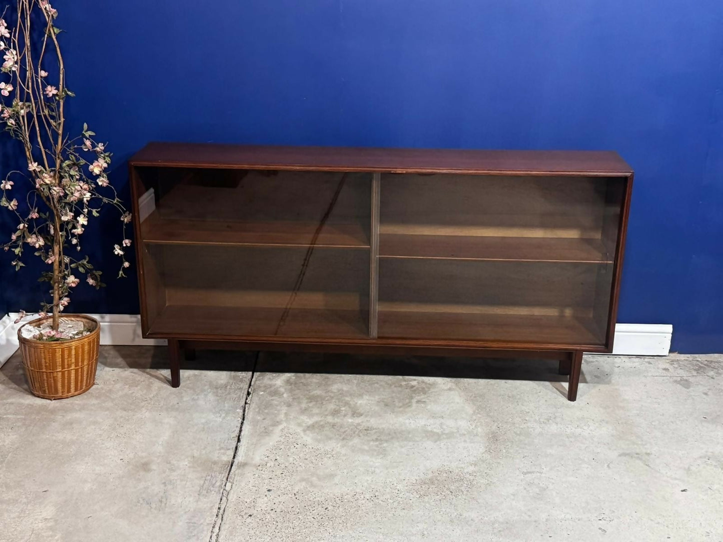 Vintage Glass Teak Display Bookcase Wide Teak Mid Century Glass Display Cabinet