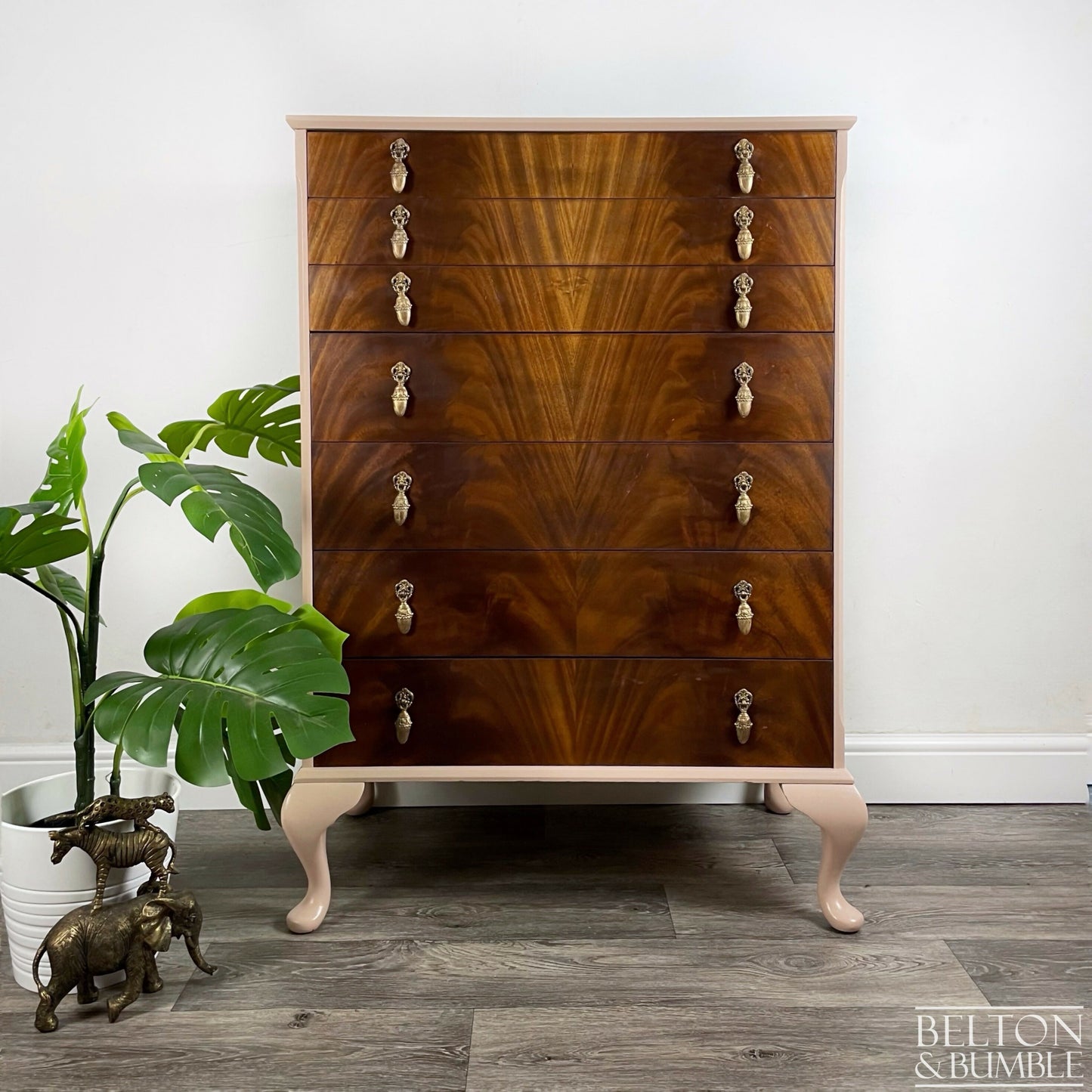 Seven Drawer Chest of Drawers in Dusky Pink and Flame Mahogany