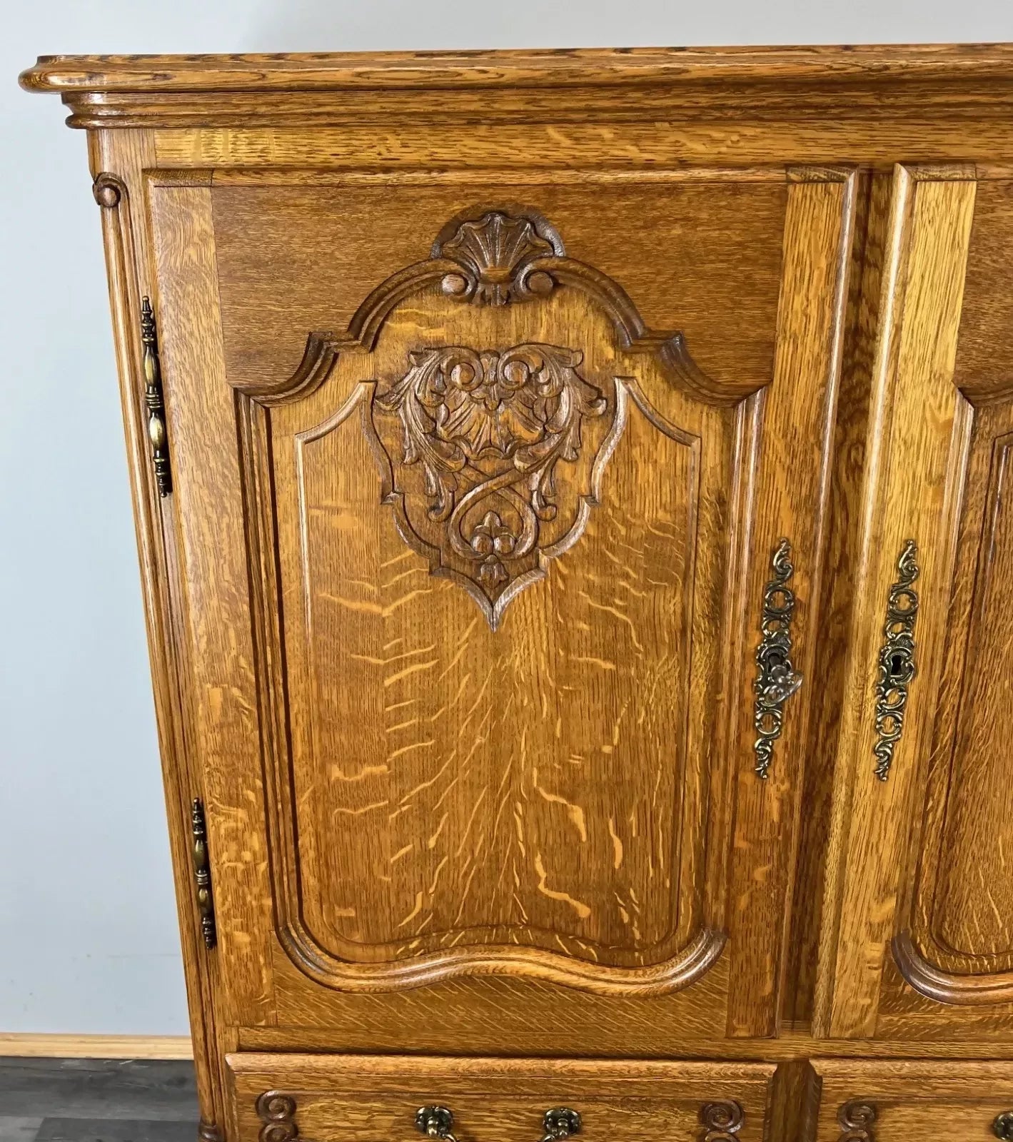 Cabinet Vintage French Louis XVI Oak Carved Cupboard with 2 Drawers LOT 4460