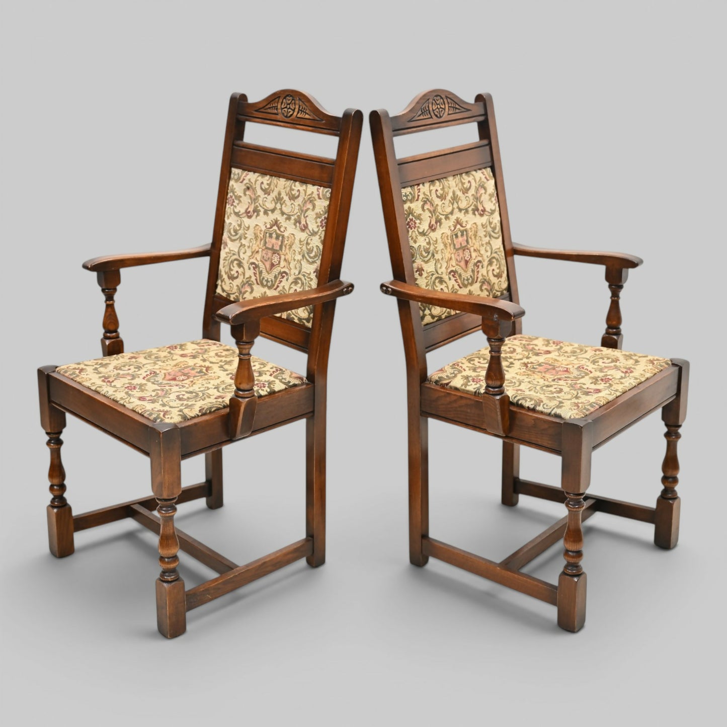 2 Old Charm Dining Chairs Carvers Light Oak Finish Tudor Fabric FREE UK Delivery