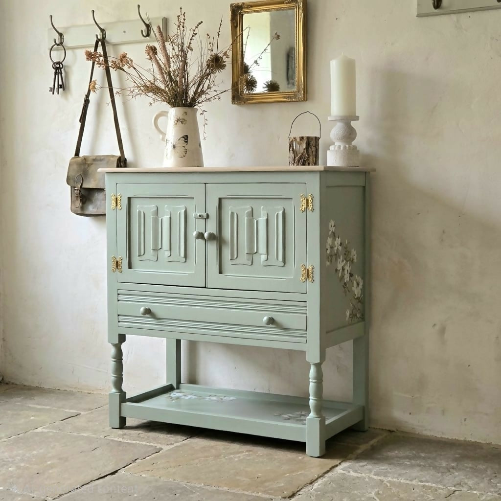 Upcycled Vintage Jaycee Linenfold Oak Sideboard, Cabinet in Sage Green