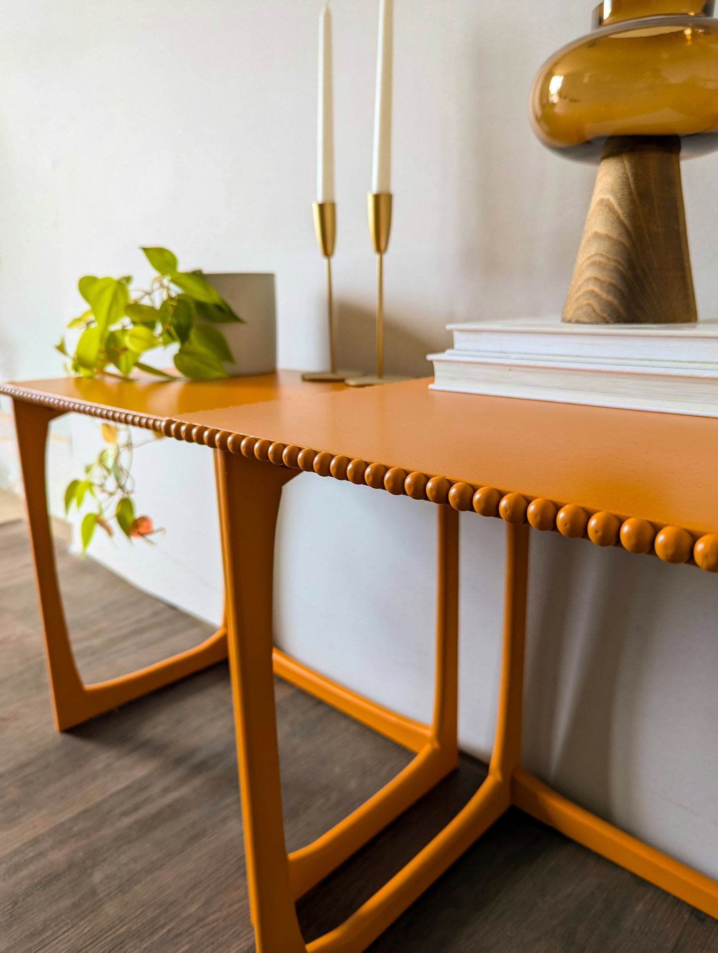 Pair of Bright Orange Side Tables/End Tables with Bobbin Details