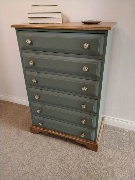 Vintage Chest Of 6 Drawers Sage Green Beautiful Bird Handles